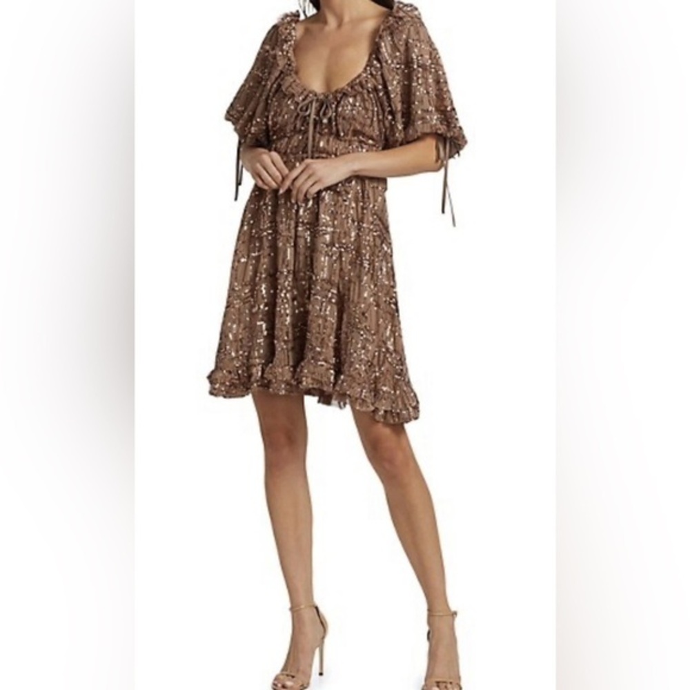 EN SAISON | Sequin Embellished scoop neck Mini Dress party holiday, brown size S